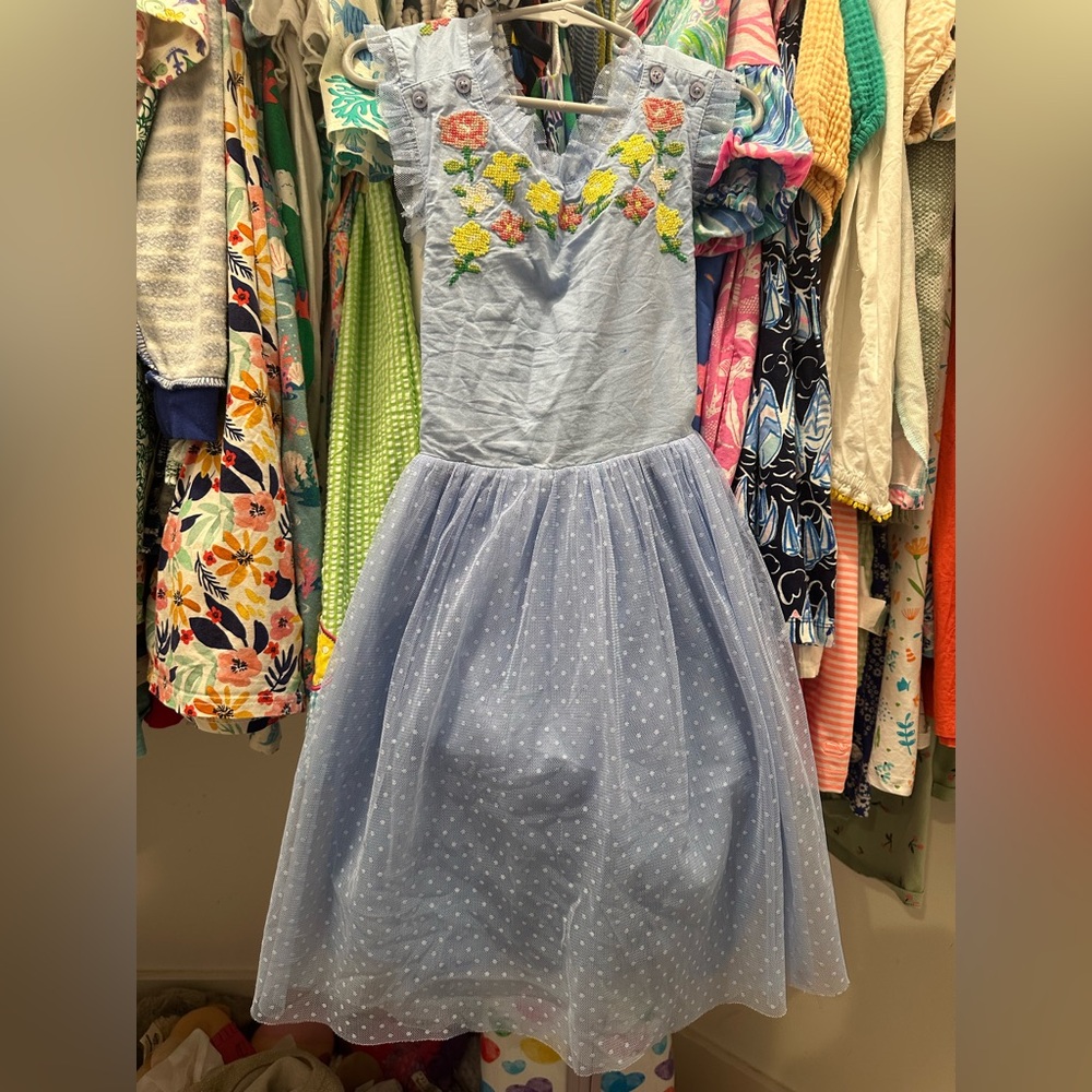 Blue Dress with Floral Embroidery